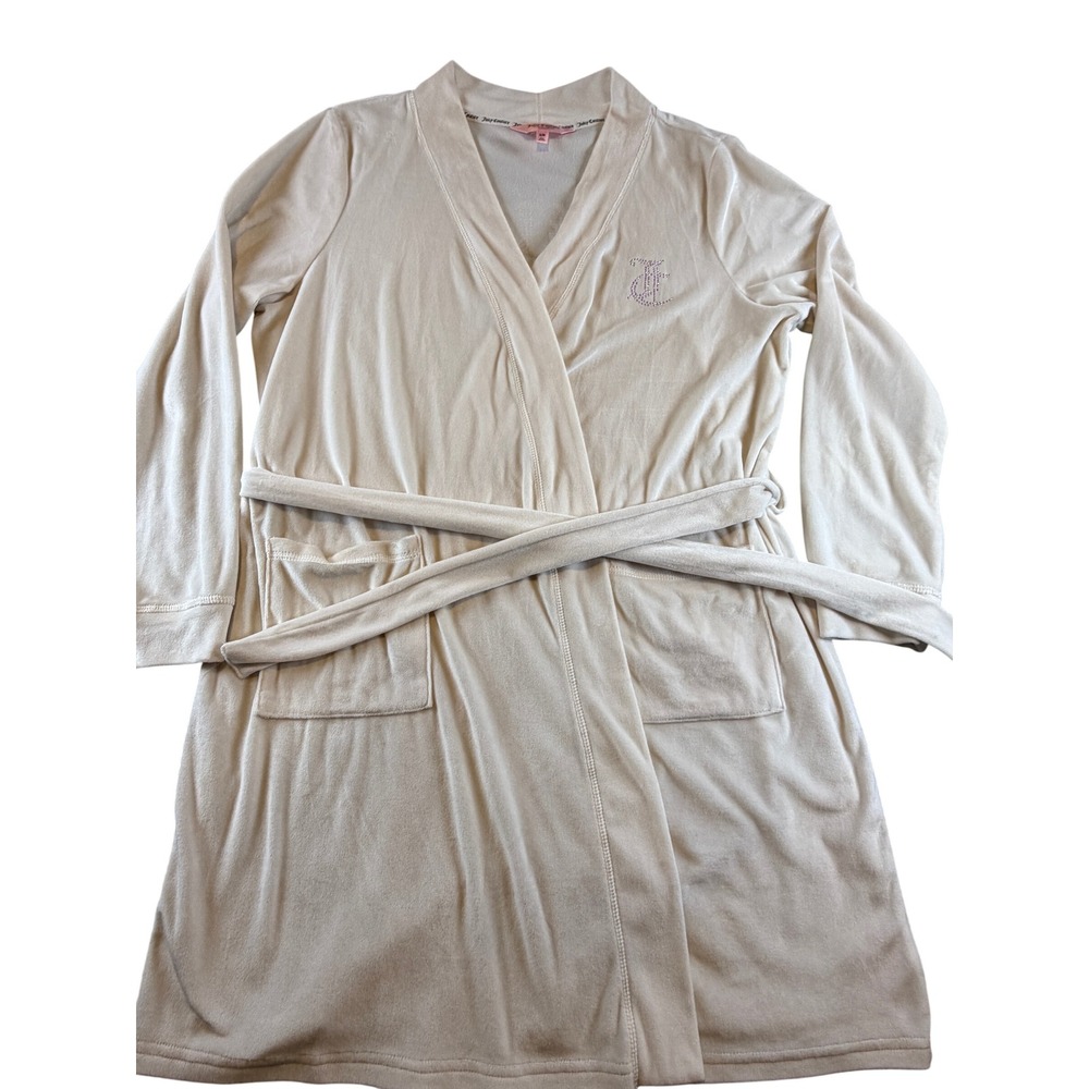 Juicy Couture Velour Robe Cream Pink Rhinestone Logo Wrap Loungewear SM SM SM